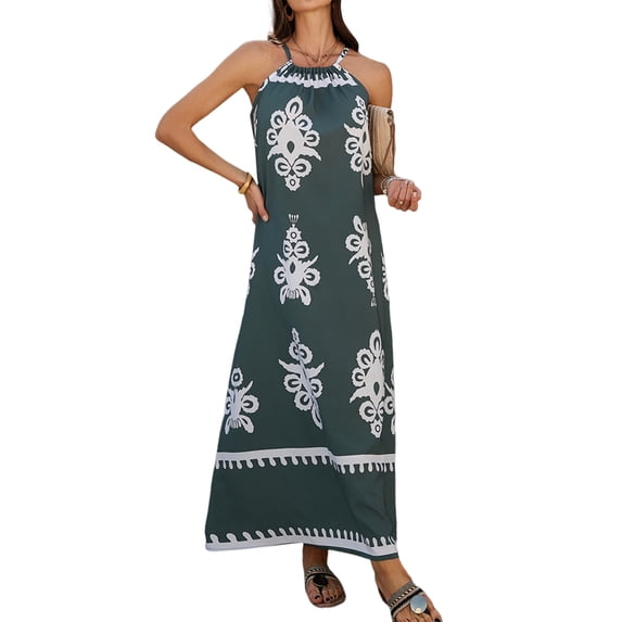 Summer Dress for Women 2025 Floral Sundress Spaghetti Strap Flowy Beach Vacation Boho Maxi Dresses Green M