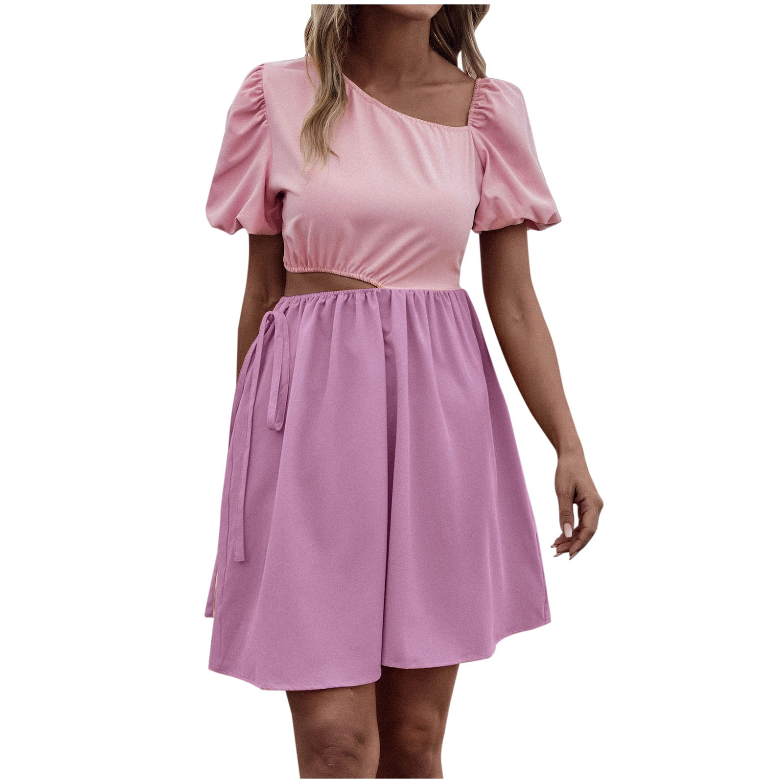 Summer Dress for Women Puff Short Sleeve Color Block Short Dress