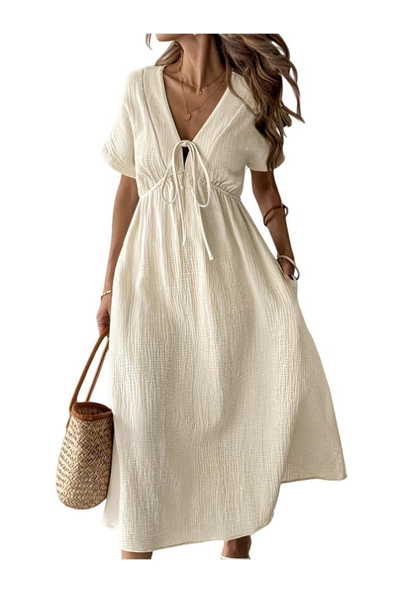 Summer Dress for Women Casual Short Sleeve Bow-Tie V Neck Ruffle Midi Flowy Dresses XL