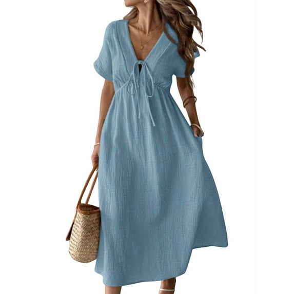 Summer Dress for Women Casual Short Sleeve Bow-Tie V Neck Ruffle Midi Flowy Dresses Blue XL