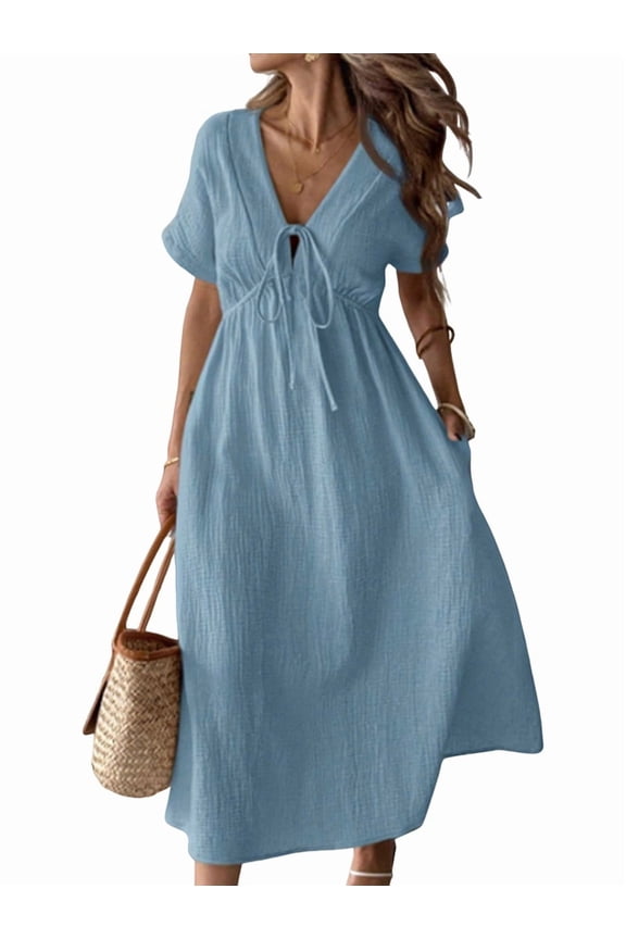 Summer Dress for Women Casual Short Sleeve Bow-Tie V Neck Ruffle Midi Flowy Dresses Blue XL