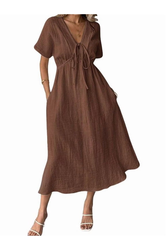 Summer Dress for Women Casual Short Sleeve Bow-Tie V Neck Ruffle Midi Flowy Dresses Brown XXL