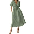 thumbnail image 1 of Summer Dress for Women Casual Short Sleeve Bow-Tie V Neck Ruffle Midi Flowy Dresses Green XL, 1 of 8