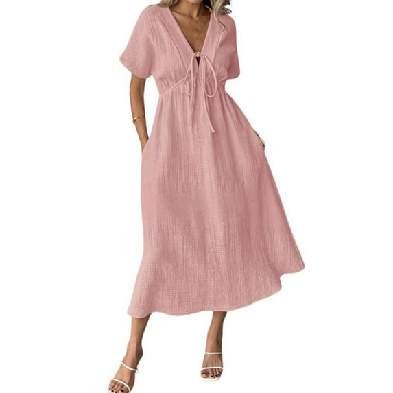Summer Dress for Women Casual Short Sleeve Bow-Tie V Neck Ruffle Midi Flowy Dresses Pink L