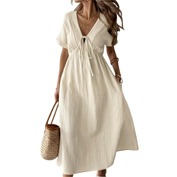 Summer Dress for Women Casual Short Sleeve Bow-Tie V Neck Ruffle Midi Flowy Dresses S
