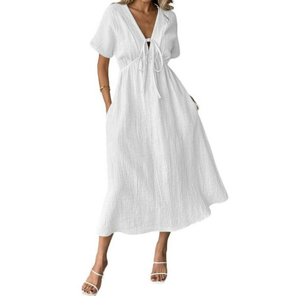 Summer Dress for Women Casual Short Sleeve Bow-Tie V Neck Ruffle Midi Flowy Dresses White XXL