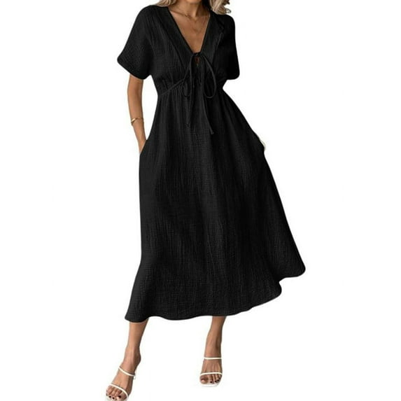 Summer Dress for Women Casual Short Sleeve Bow-Tie V Neck Ruffle Midi Flowy Dresses