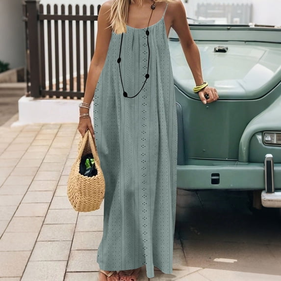 Summer Dress for Women Casual Sleeveless Backless Pleats Spaghetti Strap Dress Openwork Print Beach Vacation Dress(Army Green,S)