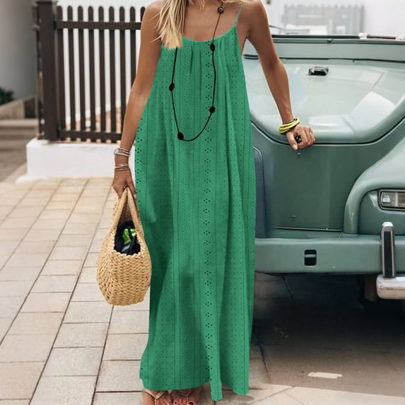Summer Dress for Women Casual Sleeveless Backless Pleats Spaghetti Strap Dress Openwork Print Beach Vacation Dress(Green,S)
