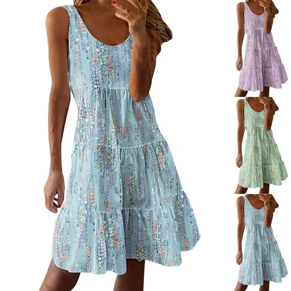 Summer Dress for Women Casual and Fashionable Floral Print Loose Round Neck Sleeveless Mid Length Dress Beach Sun Dresses Green S