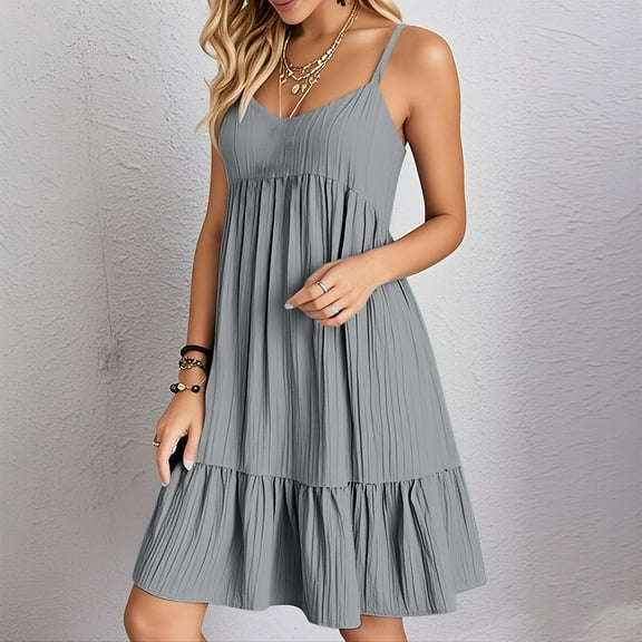 Summer Dress for Women, Ladies' Summer V-neck Strap Solid Color Dress(Gray,XXL)
