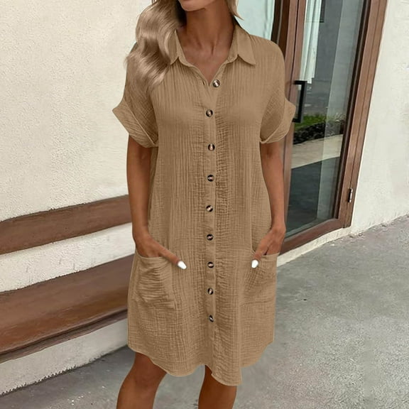 Summer Dress for Women, Woman Fashion Solid Color Button Pocket Short Sleeve Turndown Collar Blouse Dress(Coffee,S)