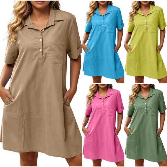 Summer Dress for Women Collared Short Sleeve Half Button Down Loose Casual Solid Dress with Pockets