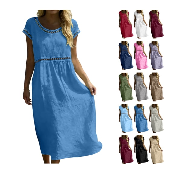Summer Dress for Women Cotton Linen Eyelet Detail Casual Short Sleeve Midi Dress