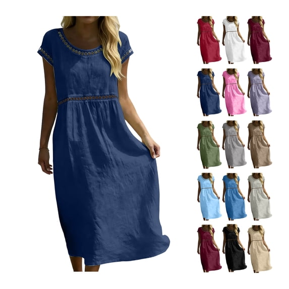 Summer Dress for Women Cotton Linen Eyelet Detail Short Sleeve Midi Dress