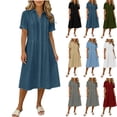 thumbnail image 1 of Summer Dress for Women Cotton Linen Short Sleeve Button Down Midi Dress with Pleated Front & Collar, 1 of 7