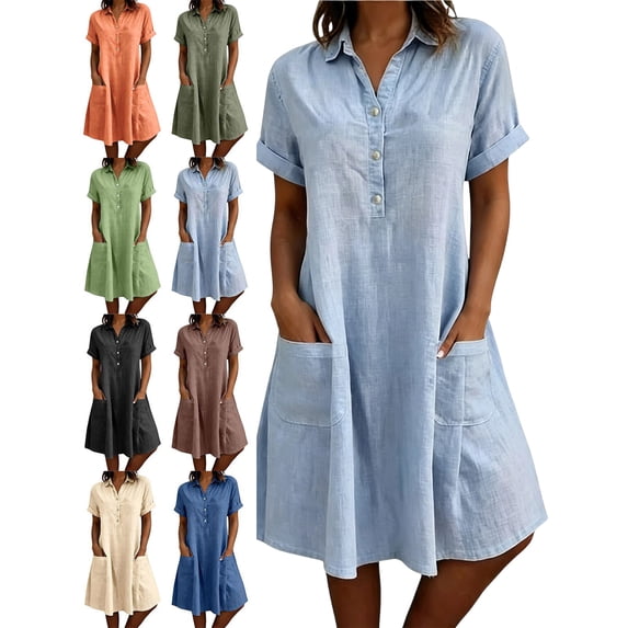 Summer Dress for Women Cotton Linen Short Sleeve Pockets Button Front Knee-Length Dress