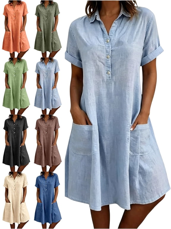 Summer Dress for Women Cotton Linen Short Sleeve Pockets Button Front Knee-Length Dress