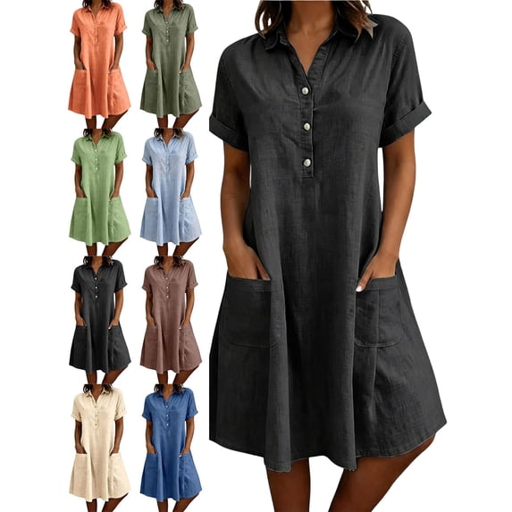 Summer Dress for Women Cotton Linen Short Sleeve Pockets Button Front Knee-Length Dress