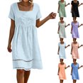thumbnail image 1 of Summer Dress for Women Cotton Linen Square Neck Short Sleeves Eyelet Hem Knee-Length Dress, 1 of 8