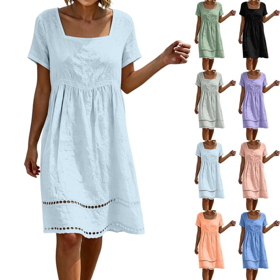 Summer Dress for Women Cotton Linen Square Neck Short Sleeves Eyelet Hem Knee-Length Dress