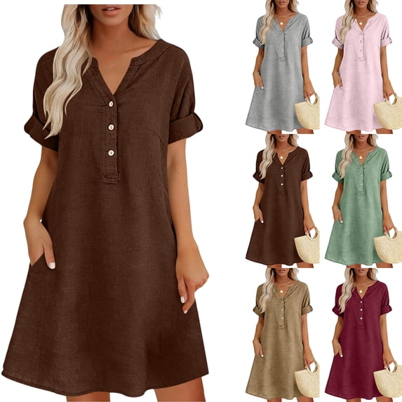 Summer Dress for Women Cotton Linen V-Neck Pockets Solid Half Sleeve Knee-Length Dress