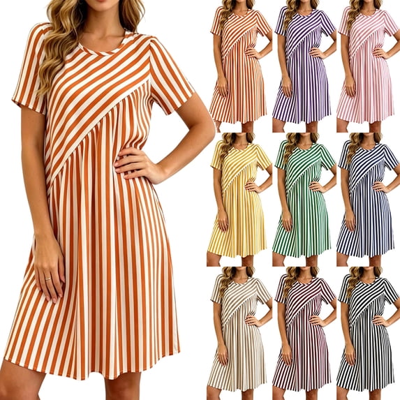 Summer Dress for Women Fashion Striped Short Sleeve Casual Round-Neck Mini Dress
