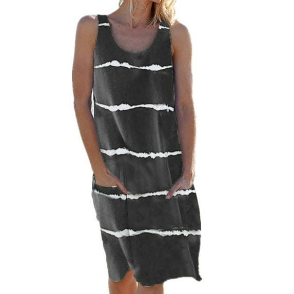 Summer Dress for Women Ladies Casual Pocket Stripe Print Mini Swing Dress Loose Beach Sleeveless Tunic Tank Dress