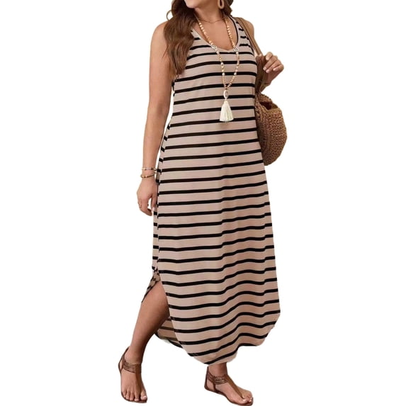 Summer Dress for Women Plus Size Sleeveless Relaxed Fit V-Neck Striped Side Split Maxi Dress