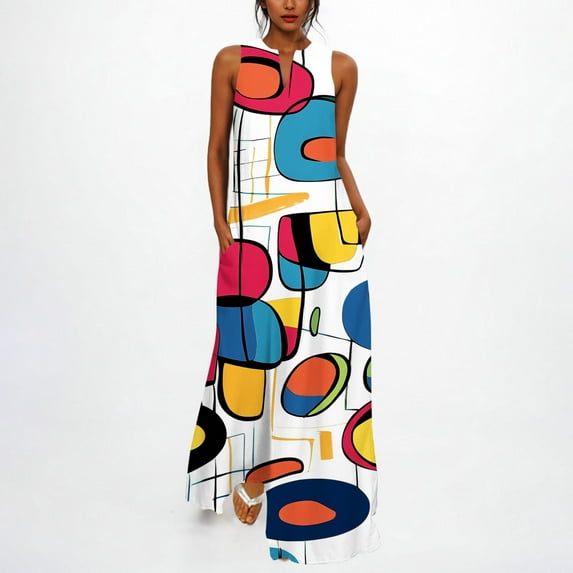 Summer Dress for Women Print Sleeveless V-Neck Dress Lightweight Sundress Multicolor S