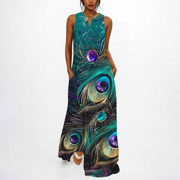 Summer Dress for Women Print Sleeveless V-Neck Dress Stylish Vacation Outfit Green S