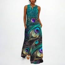 Summer Dress for Women Print Sleeveless V-Neck Dress Stylish Vacation Outfit Green S