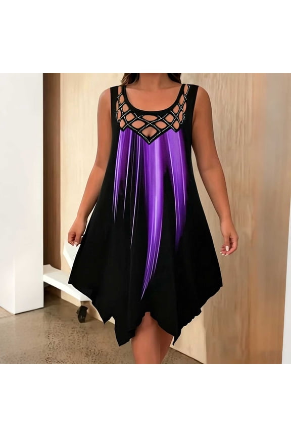 Summer Dress for Women Sleeveless A-Line Swing Dress Asymmetric Hem Purple Watercolor Brushstroke Print, Size M