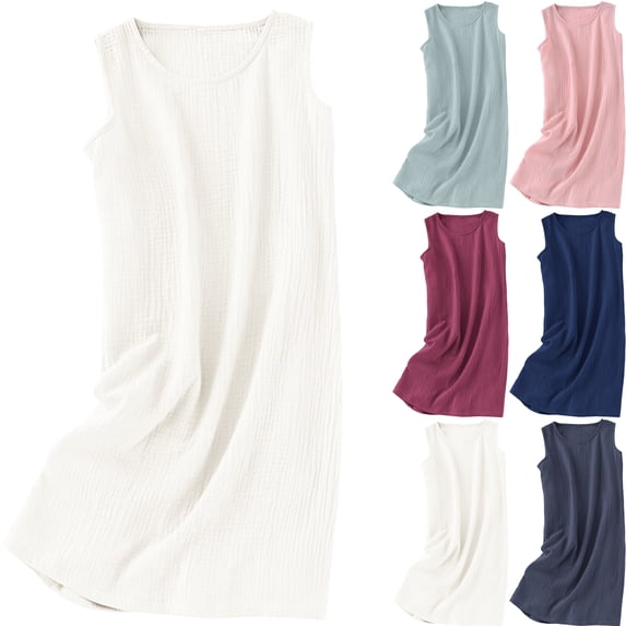 Summer Dress for Women Sleeveless Cotton Gauze Round Neck Loose Fit Casual Dress