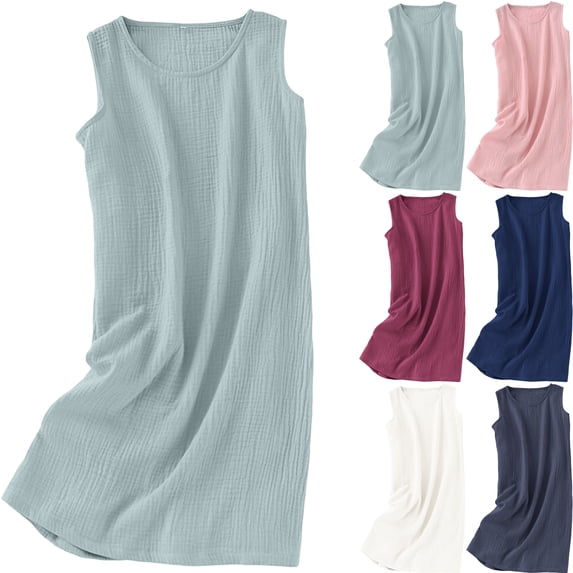 Summer Dress for Women Sleeveless Cotton Gauze Round Neck Loose Fit Casual Dress