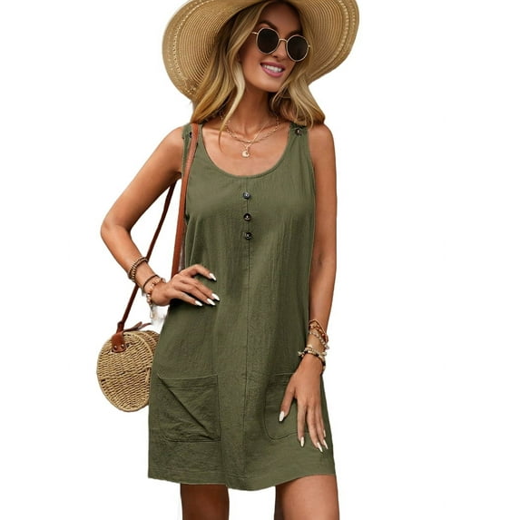 Summer Dress for Women Sleeveless Tank Dress with Pockets Casual Short A Line Dress Crewneck Sundress Military Green L