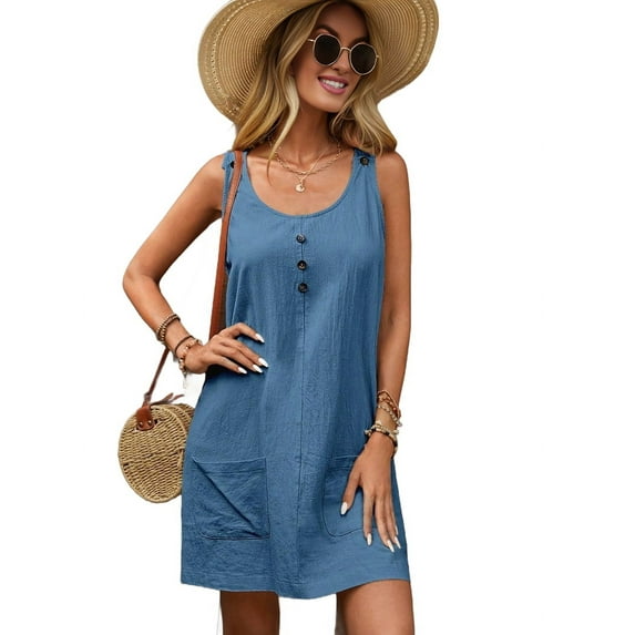 Summer Dress for Women Sleeveless Tank Dress with Pockets Casual Short A Line Dress Crewneck Sundress Peacock Blue XXL