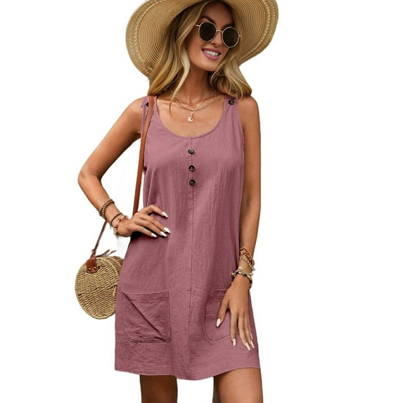 Summer Dress for Women Sleeveless Tank Dress with Pockets Casual Short A Line Dress Crewneck Sundress Pink XXL