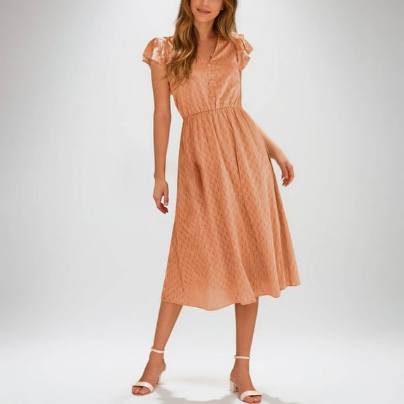 Summer Dress for Women Solid Color Short Sleeve Tie-Front Dress Pleated A-Line Sundress Orange S