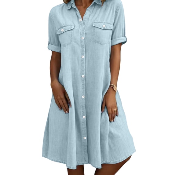 Summer Dress for Women Trendy Button Down Shirt Dress Faux Denim Jean Short Sleeve Casual Dress with Pockets (XL, Light Blue)