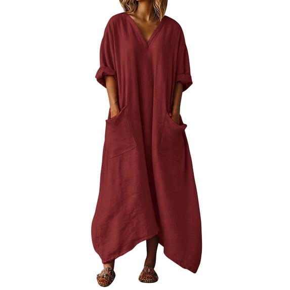 Summer Dress for Women V Neck Cotton Linen Loose Fitted Vacation Trendy Flowy Beach Maxi Dress with Pockets