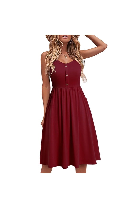 Summer Dress for Women V Neck Spaghetti Strap Buttons Sundress Sleeveless Casual A Line Flowy Swing Midi Dress