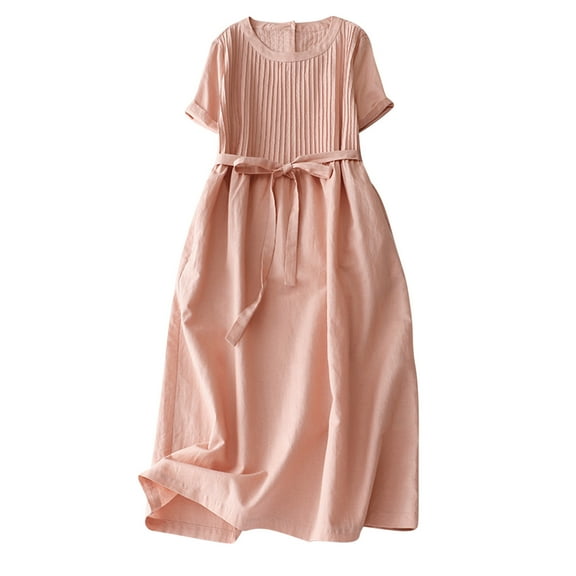 Summer Dress for Women Vintage Cotton Linen Dress Short Sleeve Round Neck Pleated Flowy Midi Dress Casual Beach Sundress