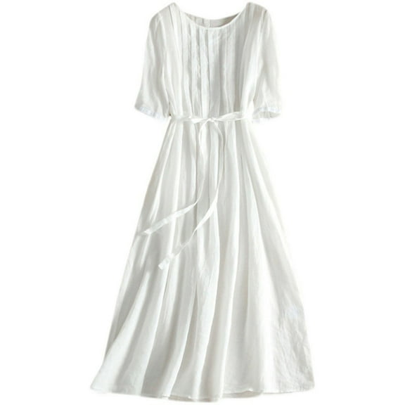 Summer Dress for Women Vintage Cotton Linen Dresses Short Sleeve Round Neck Button Down Pleated Flowy Midi Sun Dress White L