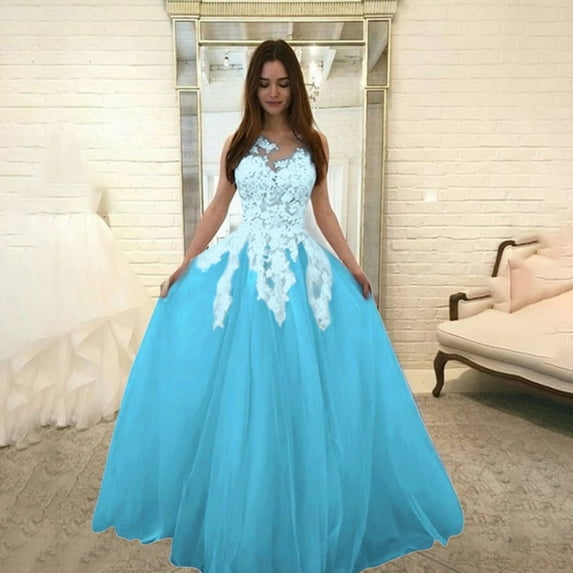 Summer Dress for Women Women Fashion Floral Lace Wedding Elegant Chiffon Evening Party Dress Ball Gown Dresses Polyeste Blue M