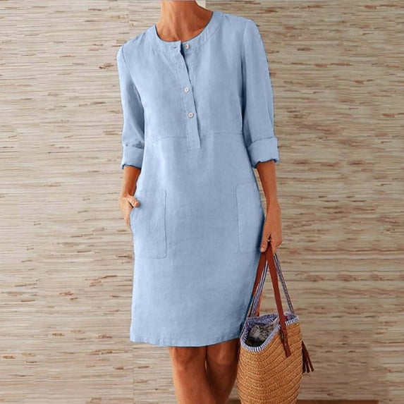 Summer Dress for Women Women'S Round Neck Knee-Length Linen Dress Boho Casual Loose Dress With Buttons Dresses Cotton Light Blue L