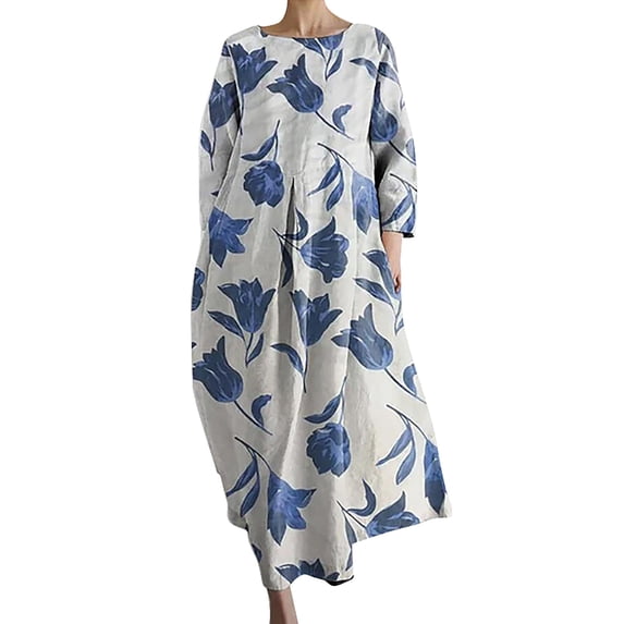 Summer Dress for Women, Women's Loose Round Neck Swing Dresses Long Sleeve Printed V Neck Dress Causal Maxi Dresses for Women
