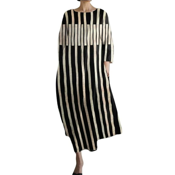 Summer Dress for Women, Women's Loose Round Neck Swing Dresses Long Sleeve Printed V Neck Dress Causal Maxi Dresses for Women