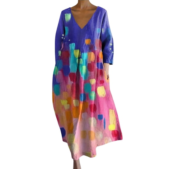 Summer Dress for Women, Women's Loose V Neck Dress Long Sleeve Printed V Neck Dress Women Casual Dresses with Pockets