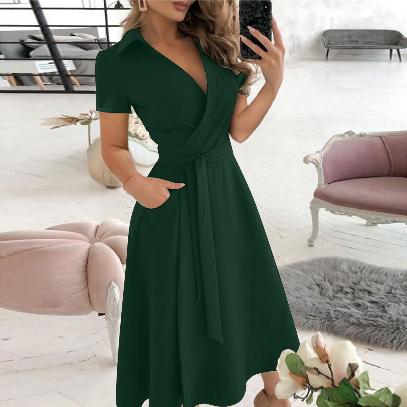 Army Green V-Neck Summer Dress for Women, Slim Lace Wrap Midi Dress, Short  Sleeve, Polyester, Size M - Walmart.com
